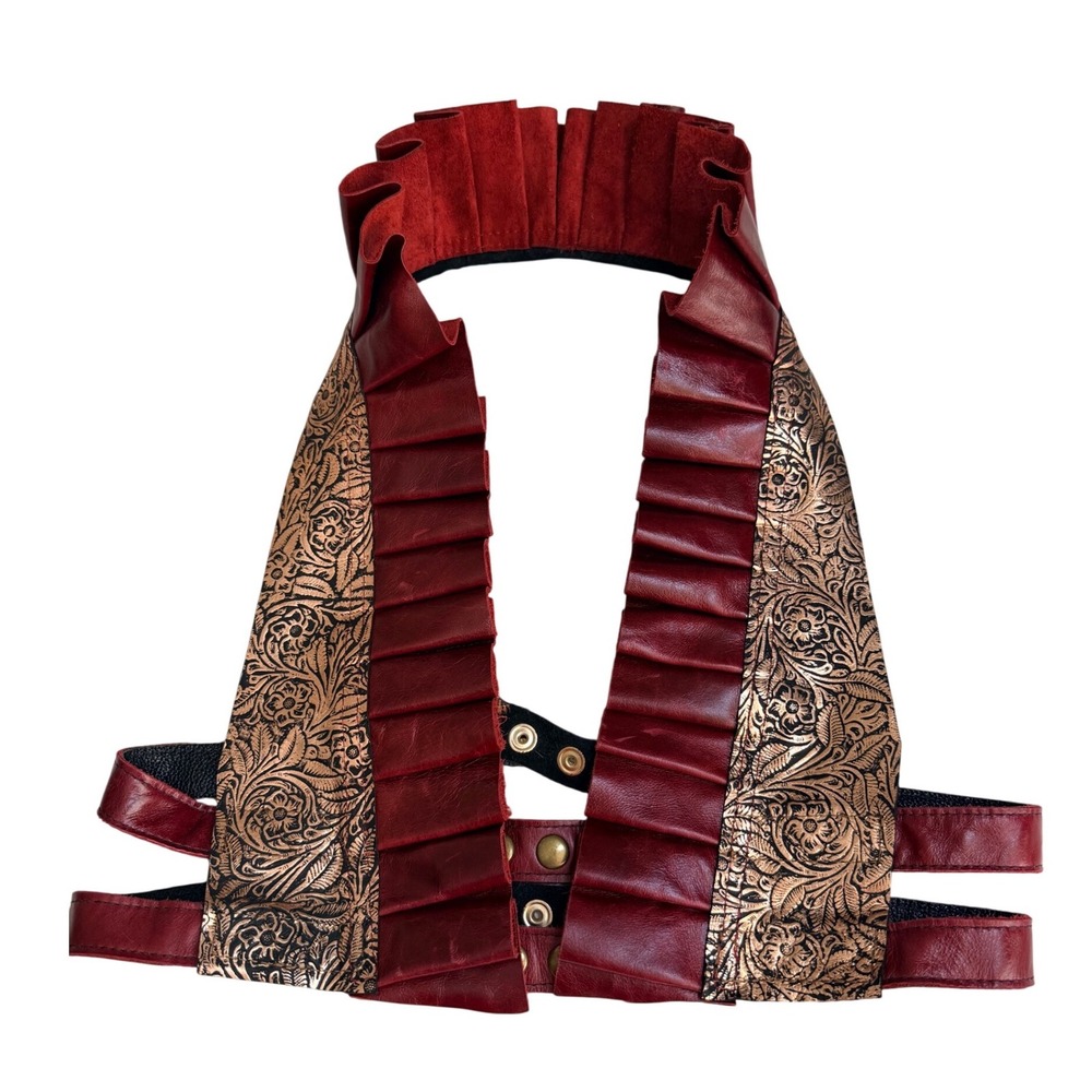 KrakenWhip Leather Harness Top 39 Red Bronze Embossed Floral Ruffle 100% Leather